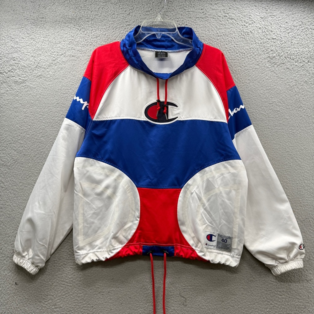 Champion Pullover Warm Up Sweater Red White Blue Fully Lined Mock Neck Size M